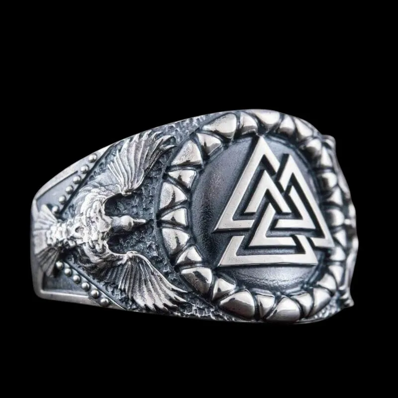Handcrafted Valknut Symbol Raven Style Sterling Silver Ring