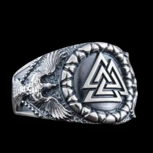 Handcrafted Valknut Symbol Raven Style Sterling Silver Ring