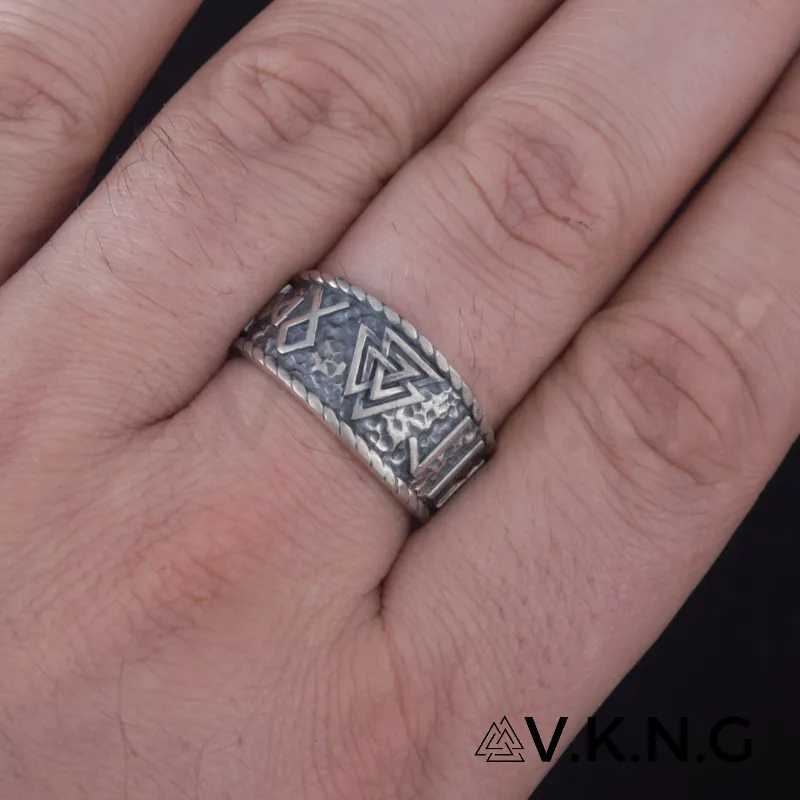 Handcrafted Valknut Symbol With HAIL ODIN Runes Sterling Silver Ring