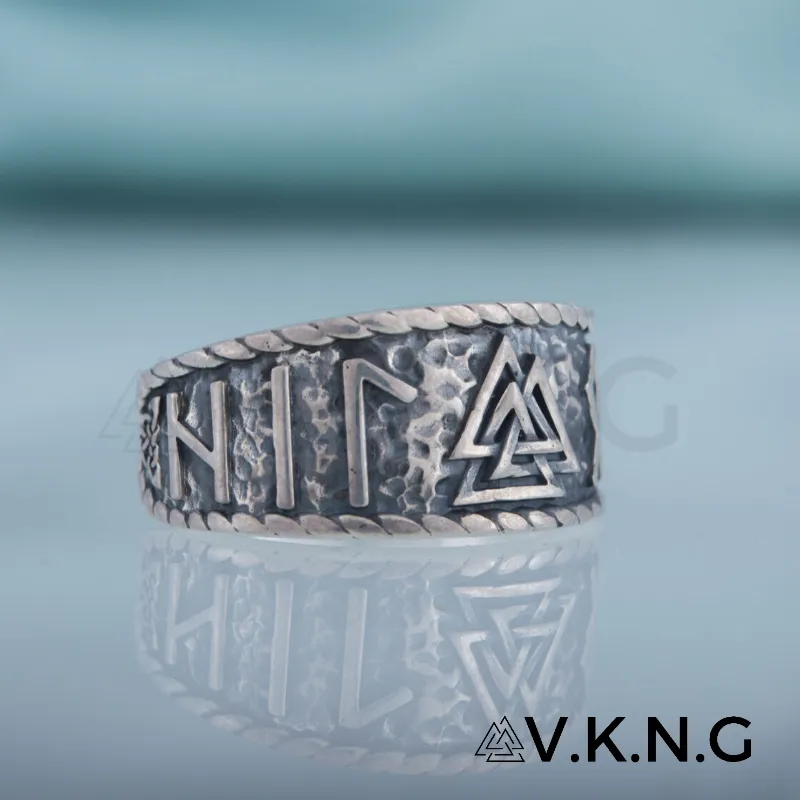 Handcrafted Valknut Symbol With HAIL ODIN Runes Sterling Silver Ring
