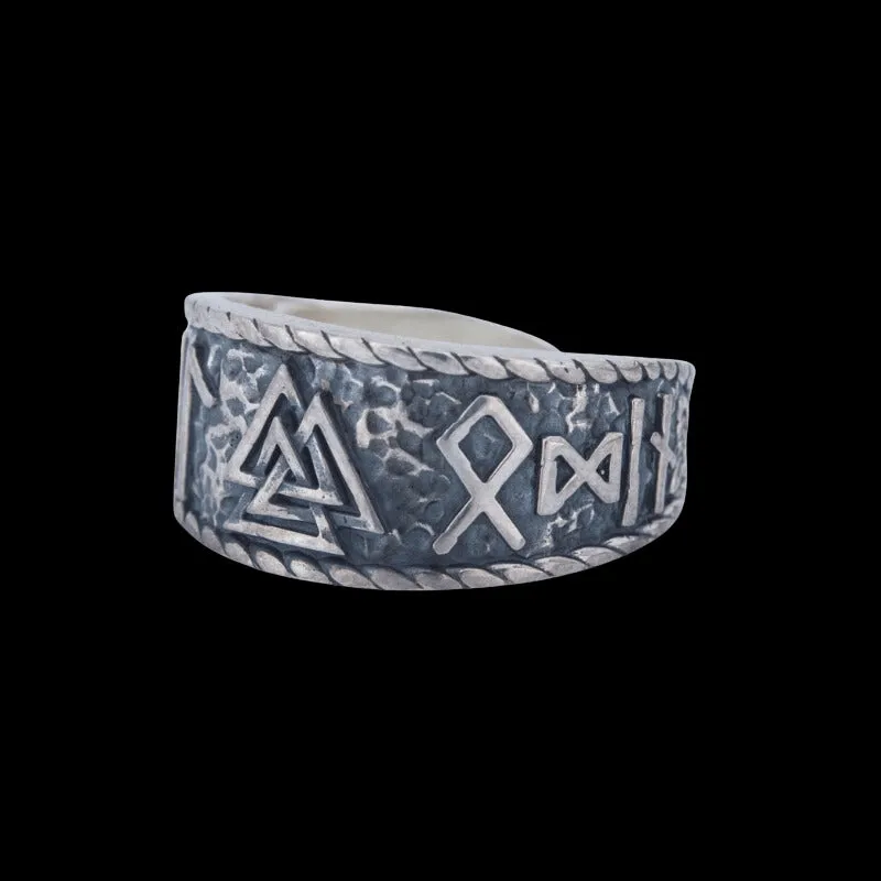 Handcrafted Valknut Symbol With HAIL ODIN Runes Sterling Silver Ring