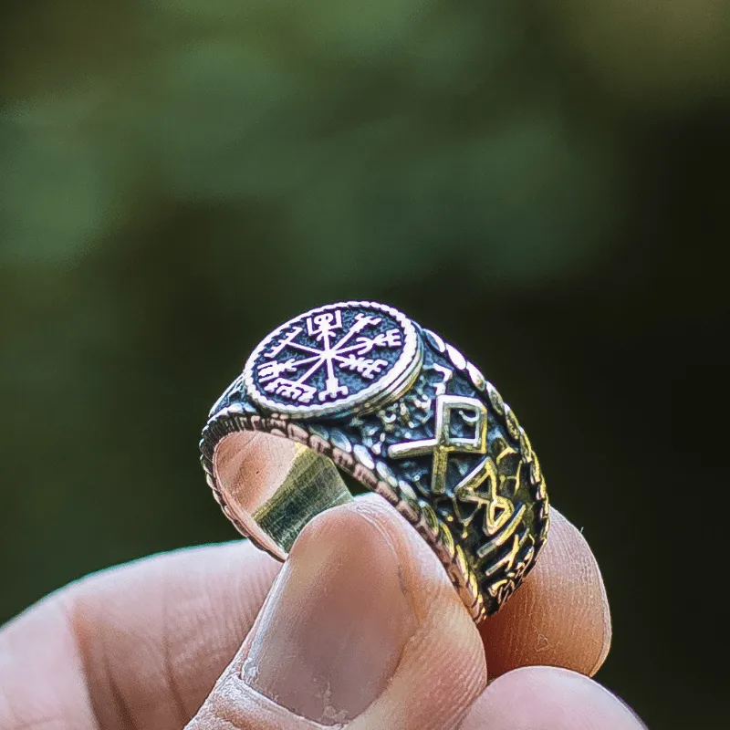 Handcrafted Vegvisir Symbol Hail Odin Runes Sterling Silver Ring