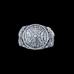Handcrafted Vegvisir Symbol Oak Style Sterling Silver Ring