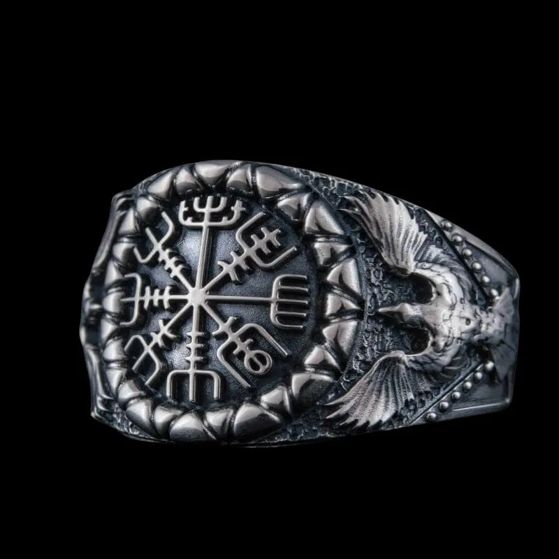 Handcrafted Vegvisir Symbol Raven Style Silver Ring