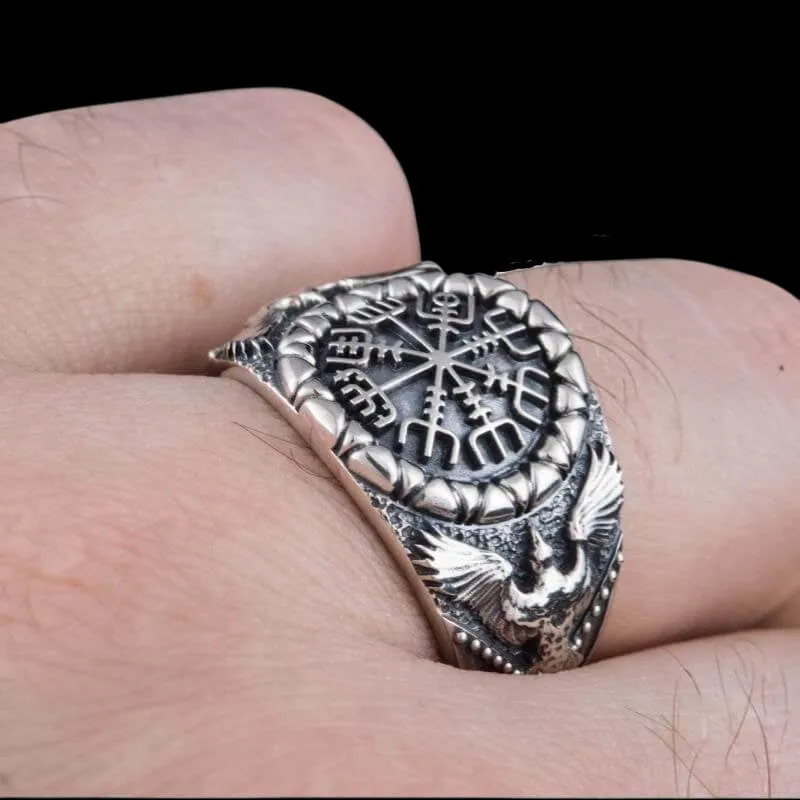 Handcrafted Vegvisir Symbol Raven Style Silver Ring