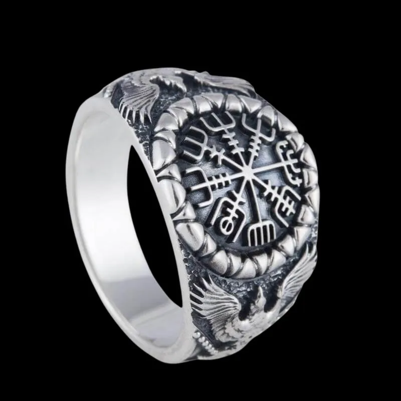 Handcrafted Vegvisir Symbol Raven Style Silver Ring