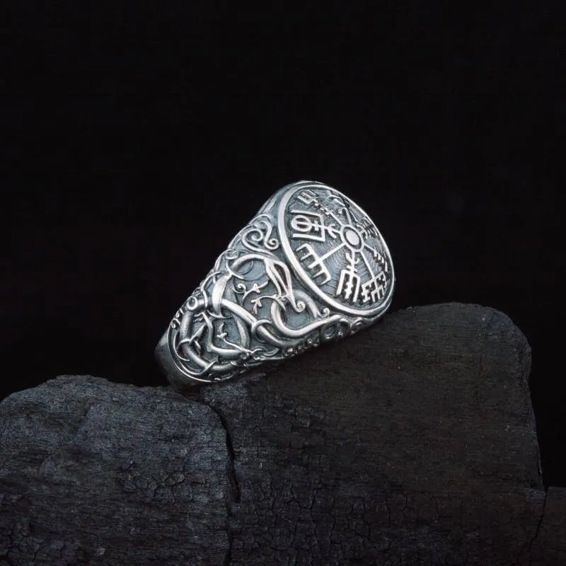 Handcrafted Vegvisir Urnes Style Sterling Silver Ring
