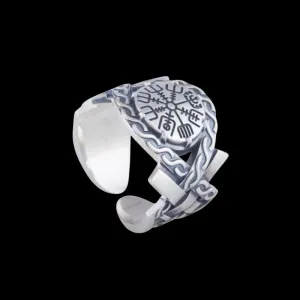 Handcrafted Vegvisir with Norse Ornament Sterling Silver Ring