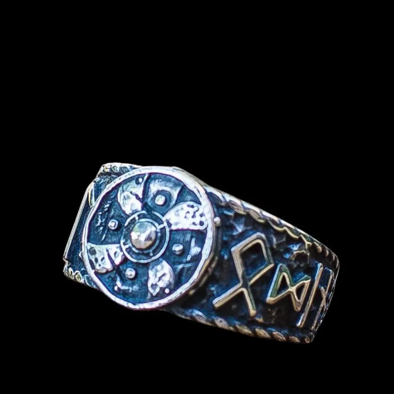 Handcrafted Viking Shield With HAIL ODIN Runes Sterling Silver Ring