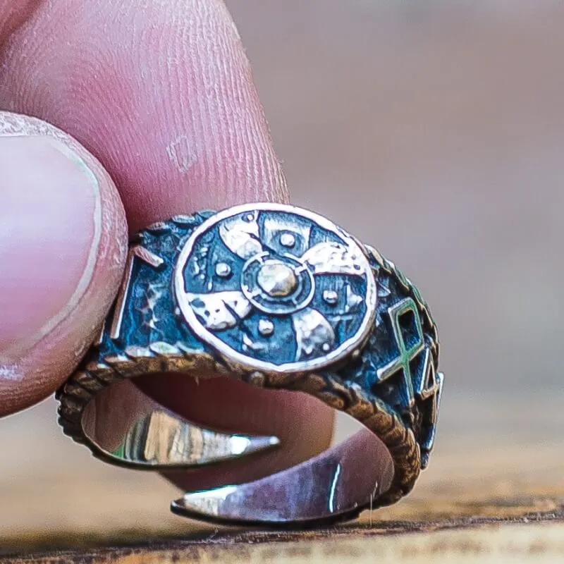 Handcrafted Viking Shield With HAIL ODIN Runes Sterling Silver Ring