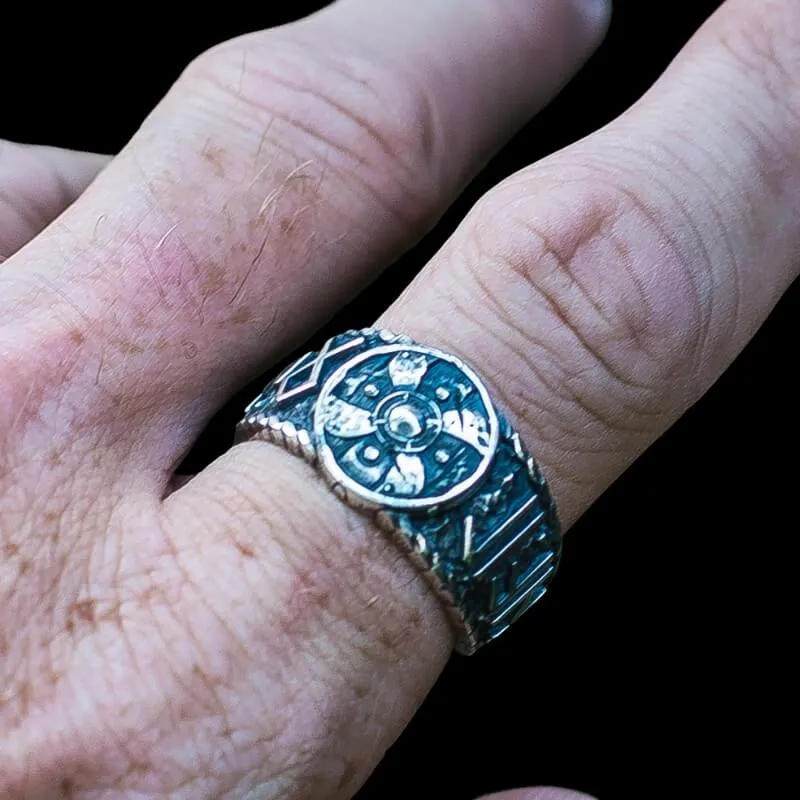 Handcrafted Viking Shield With HAIL ODIN Runes Sterling Silver Ring