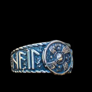 Handcrafted Viking Shield With HAIL ODIN Runes Sterling Silver Ring