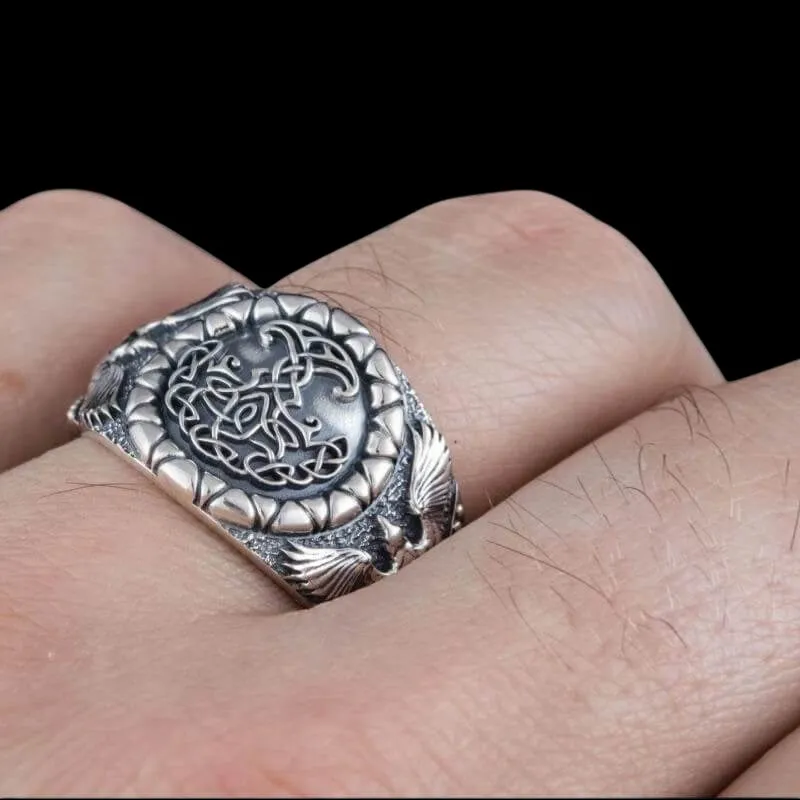 Handcrafted Yggdrasil Symbol Raven Sterling Silver Ring