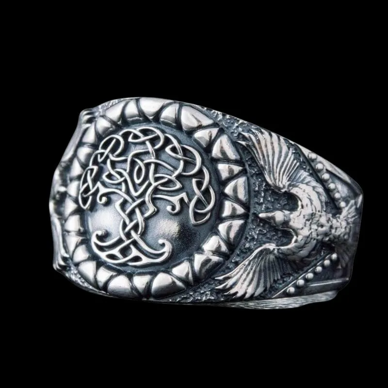 Handcrafted Yggdrasil Symbol Raven Sterling Silver Ring