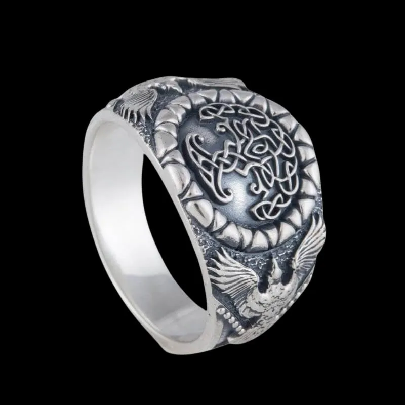 Handcrafted Yggdrasil Symbol Raven Sterling Silver Ring