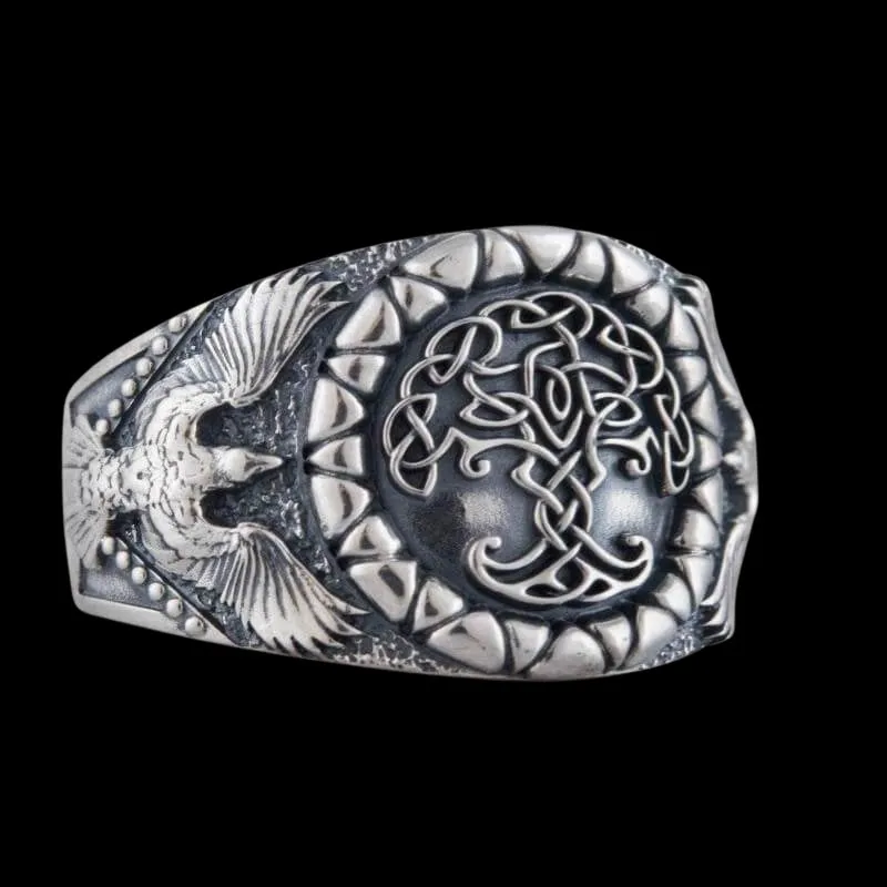 Handcrafted Yggdrasil Symbol Raven Sterling Silver Ring