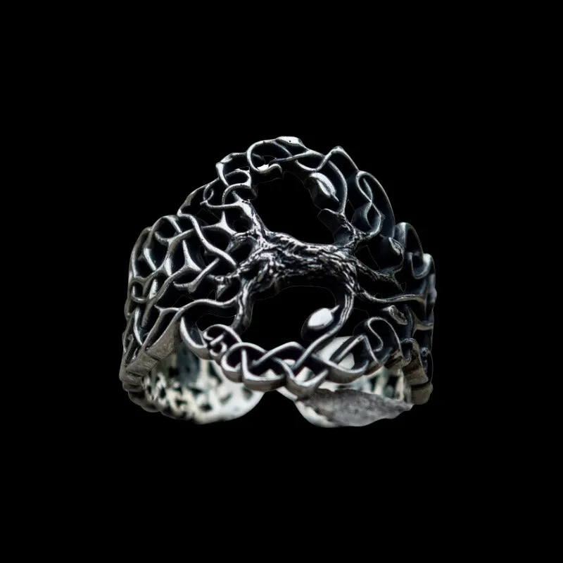 Handcrafted Yggdrasil with Ornament Sterling Silver Ring