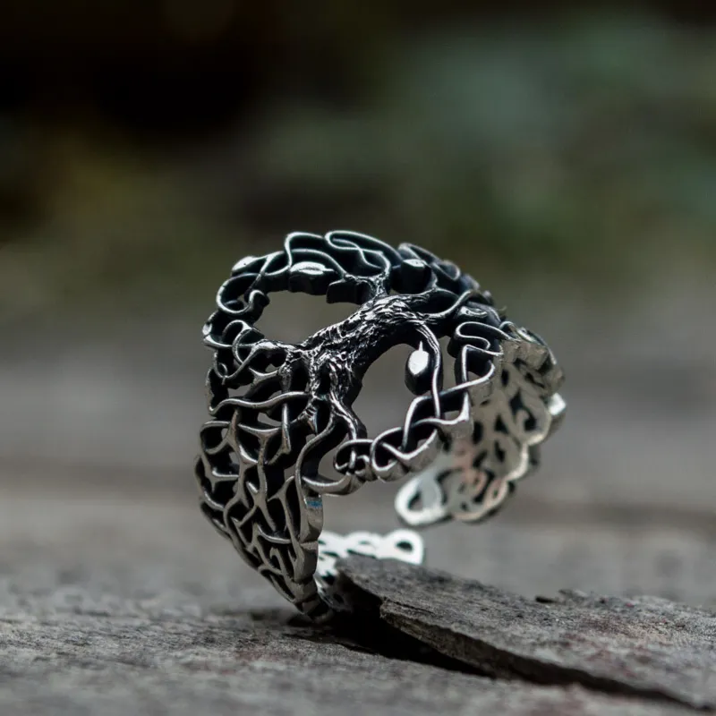 Handcrafted Yggdrasil with Ornament Sterling Silver Ring