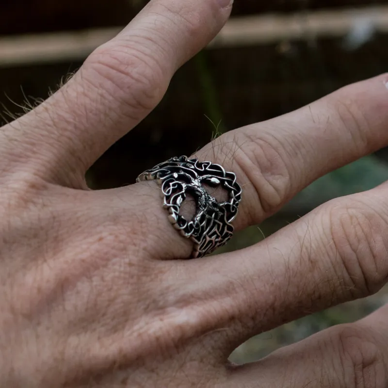 Handcrafted Yggdrasil with Ornament Sterling Silver Ring