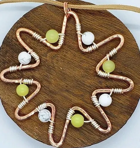 Handmade Solid Copper Sun Pendant Necklace with Peridot & White Howlite Beads – 22" Faux Leather Rope