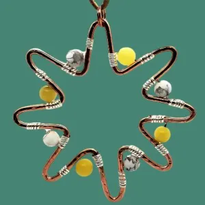Handmade Solid Copper Sun Pendant Necklace with Peridot & White Howlite Beads – 22" Faux Leather Rope