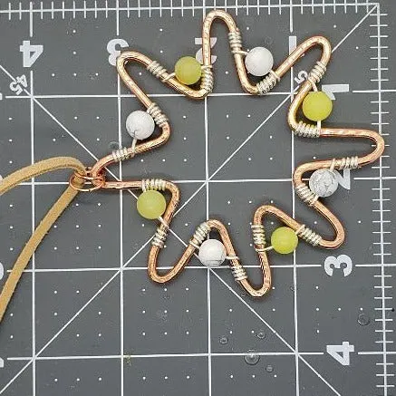 Handmade Solid Copper Sun Pendant Necklace with Peridot & White Howlite Beads – 22" Faux Leather Rope