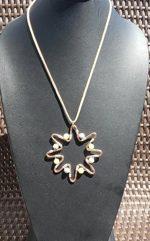 Handmade Solid Copper Sun Pendant Necklace with Peridot & White Howlite Beads – 22" Faux Leather Rope