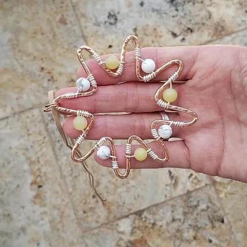 Handmade Solid Copper Sun Pendant Necklace with Peridot & White Howlite Beads – 22" Faux Leather Rope