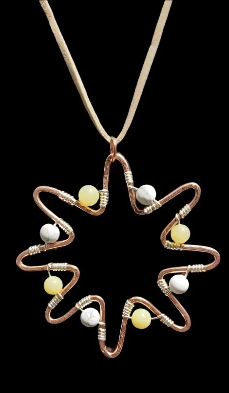 Handmade Solid Copper Sun Pendant Necklace with Peridot & White Howlite Beads – 22" Faux Leather Rope