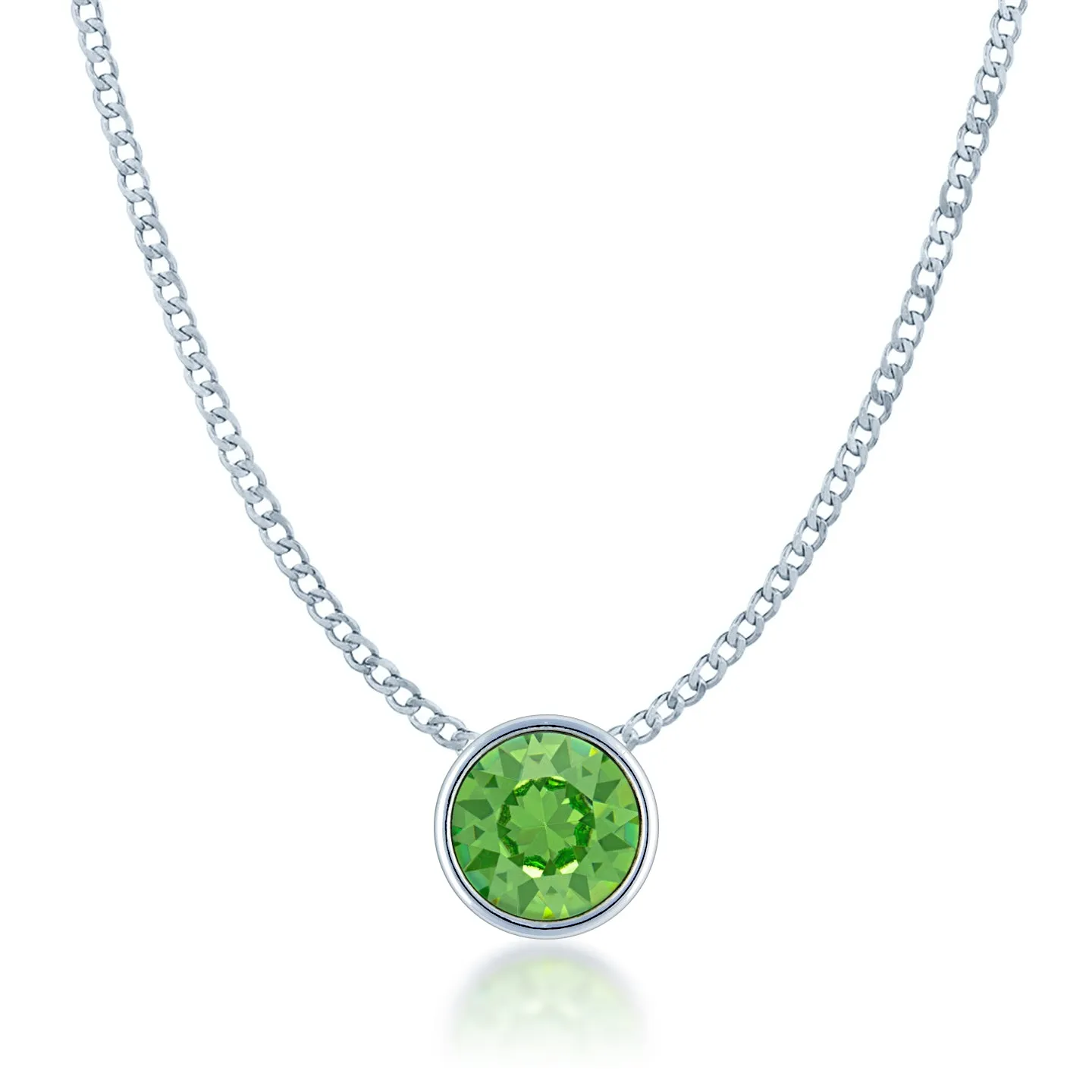 Harley Small Pendant Necklace with Green Peridot Round Crystals from Swarovski Silver Toned Rhodium Plated
