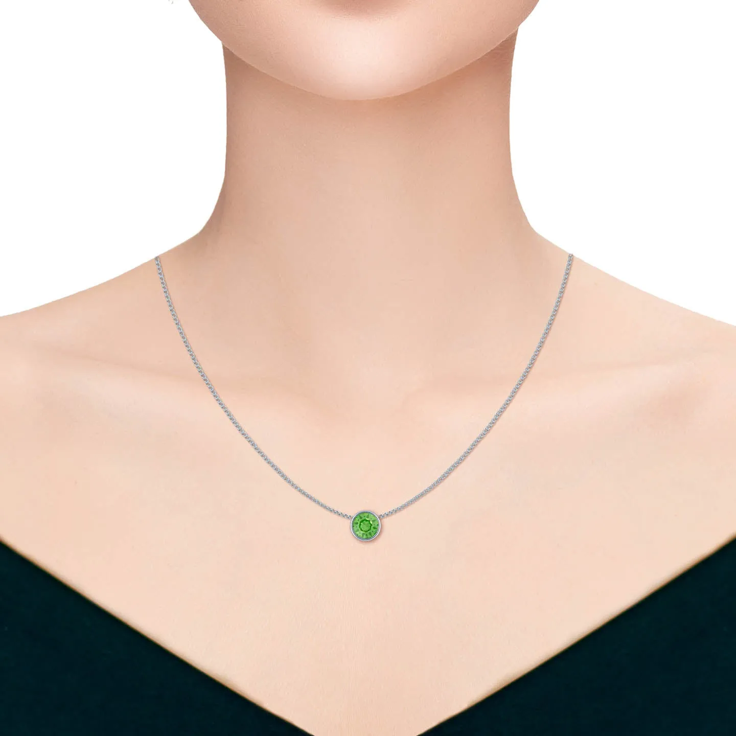 Harley Small Pendant Necklace with Green Peridot Round Crystals from Swarovski Silver Toned Rhodium Plated