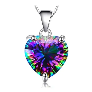 Heart Natural Rainbow Fire Mystic Quartz 925 Sterling Silver Pendant Necklace for Women Gemstone Choker No Chain