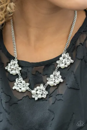 HEIRESS of Them All - White - Rhinestone and Pearl Cluster Paparazzi Short Necklace - 2021 Empower Me Pink Exclusive