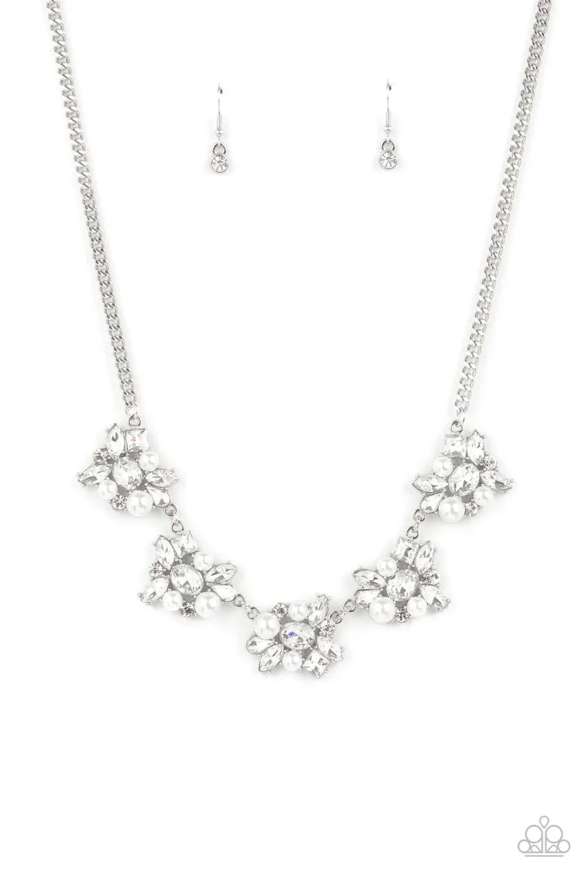 HEIRESS of Them All - White - Rhinestone and Pearl Cluster Paparazzi Short Necklace - 2021 Empower Me Pink Exclusive