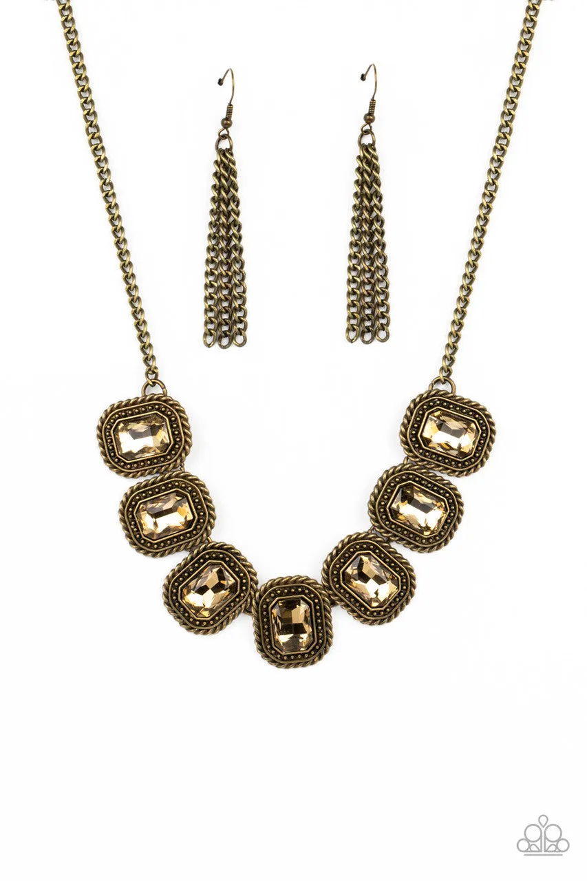Iced Iron - Brass - Golden Rhinestone Rectangular Frame Paparazzi Short Necklace