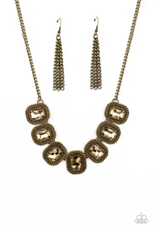 Iced Iron - Brass - Golden Rhinestone Rectangular Frame Paparazzi Short Necklace