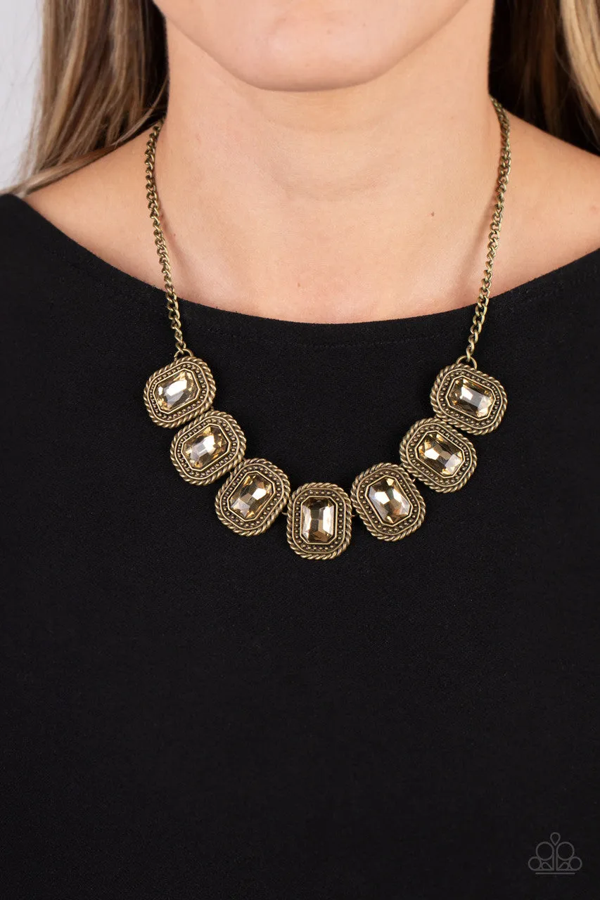 Iced Iron - Brass - Golden Rhinestone Rectangular Frame Paparazzi Short Necklace