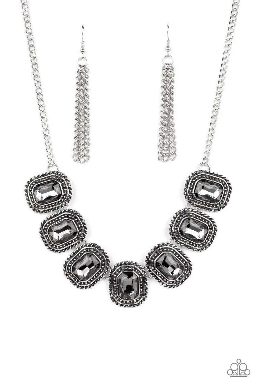Iced Iron - Silver - Hematite Gem Rectangle Collar Paparazzi Short Necklace - 2022 GLOW Convention Exclusive