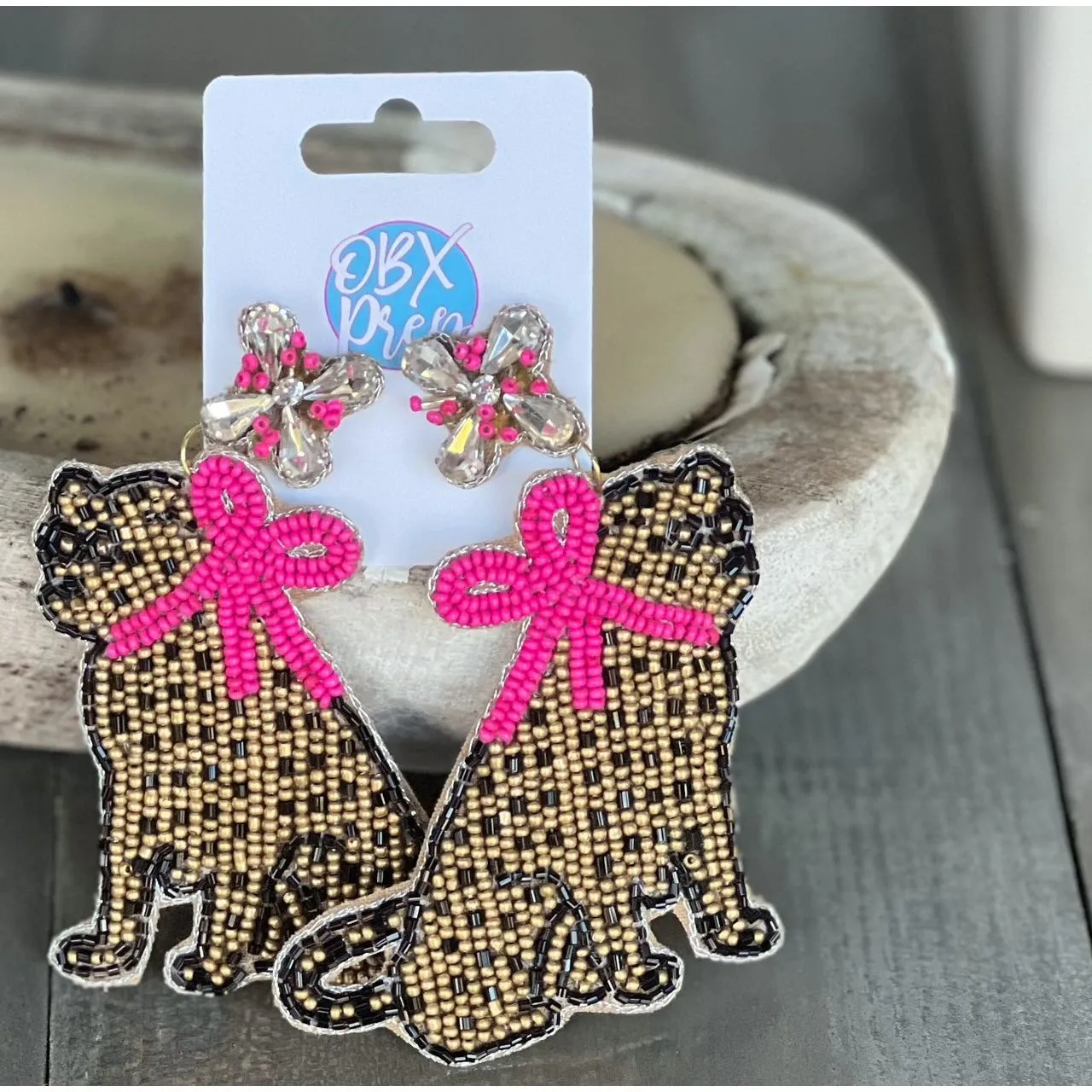 Jaguar with Pink Bow Exclusive Preppy Dangle Earrings.