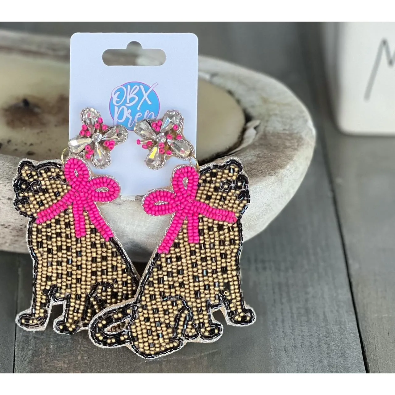 Jaguar with Pink Bow Exclusive Preppy Dangle Earrings.