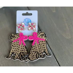 Jaguar with Pink Bow Exclusive Preppy Dangle Earrings.