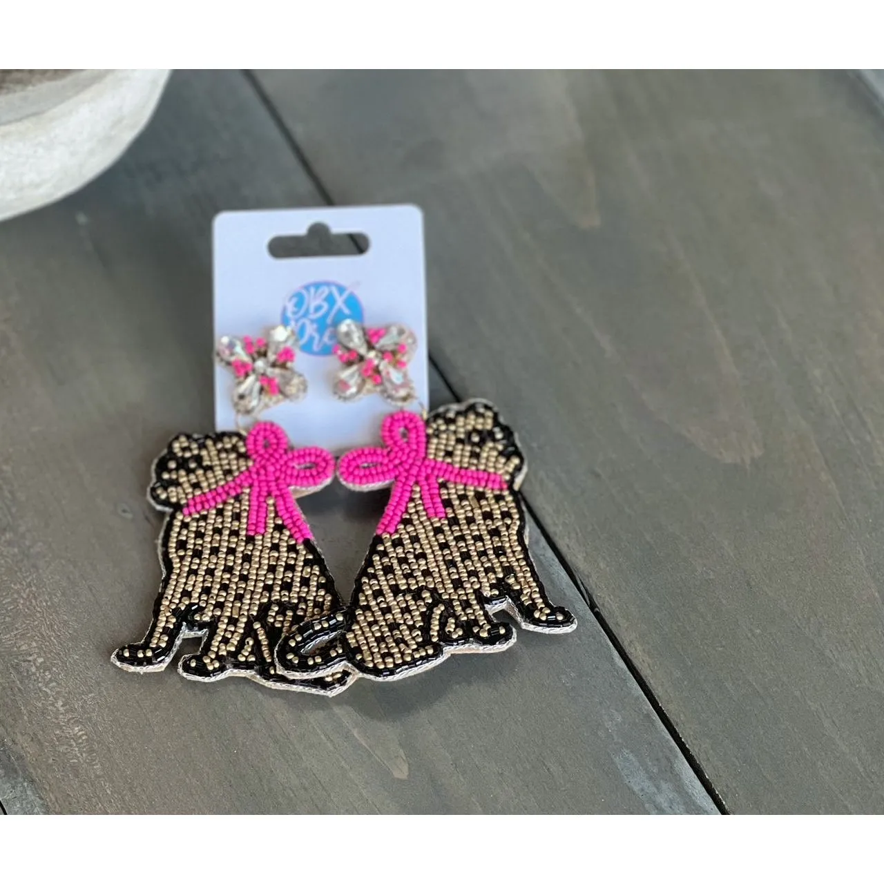 Jaguar with Pink Bow Exclusive Preppy Dangle Earrings.