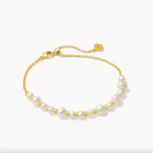 Jovie Gold Beaded Delicate Chain Bracelet in White Pearl