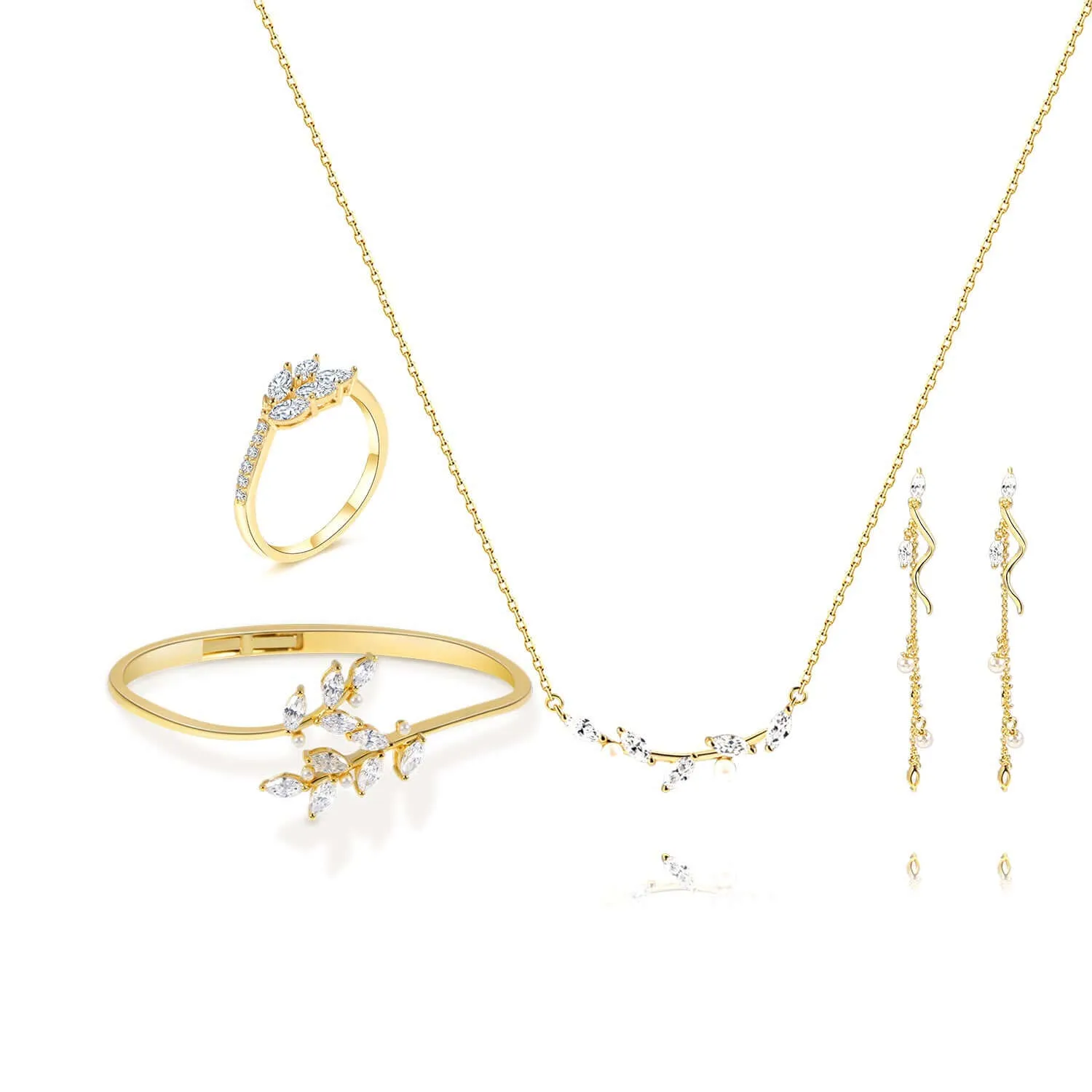 Leaf Diamond Wedding Ring Bracelet Necklace Pair of Earrings Set Designed by Shania