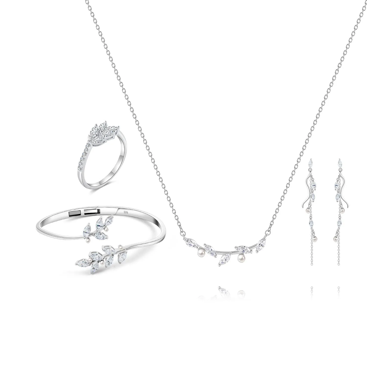 Leaf Diamond Wedding Ring Bracelet Necklace Pair of Earrings Set Designed by Shania