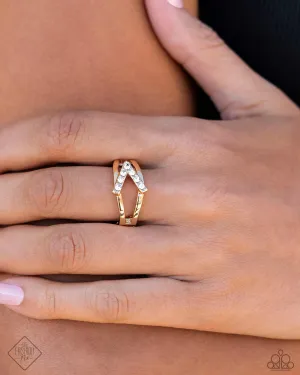 Linear Law - Gold - Rhinestone Encrusted Arrow Paparazzi Dainty Ring - May 2024 Magnificent Musings