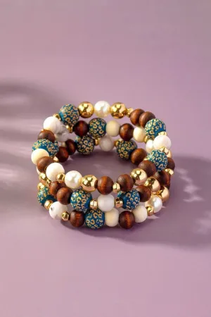 Livia Wood Carved Animal Prints Bracelets Set - Leopard Print, CCB Beads, One Size
