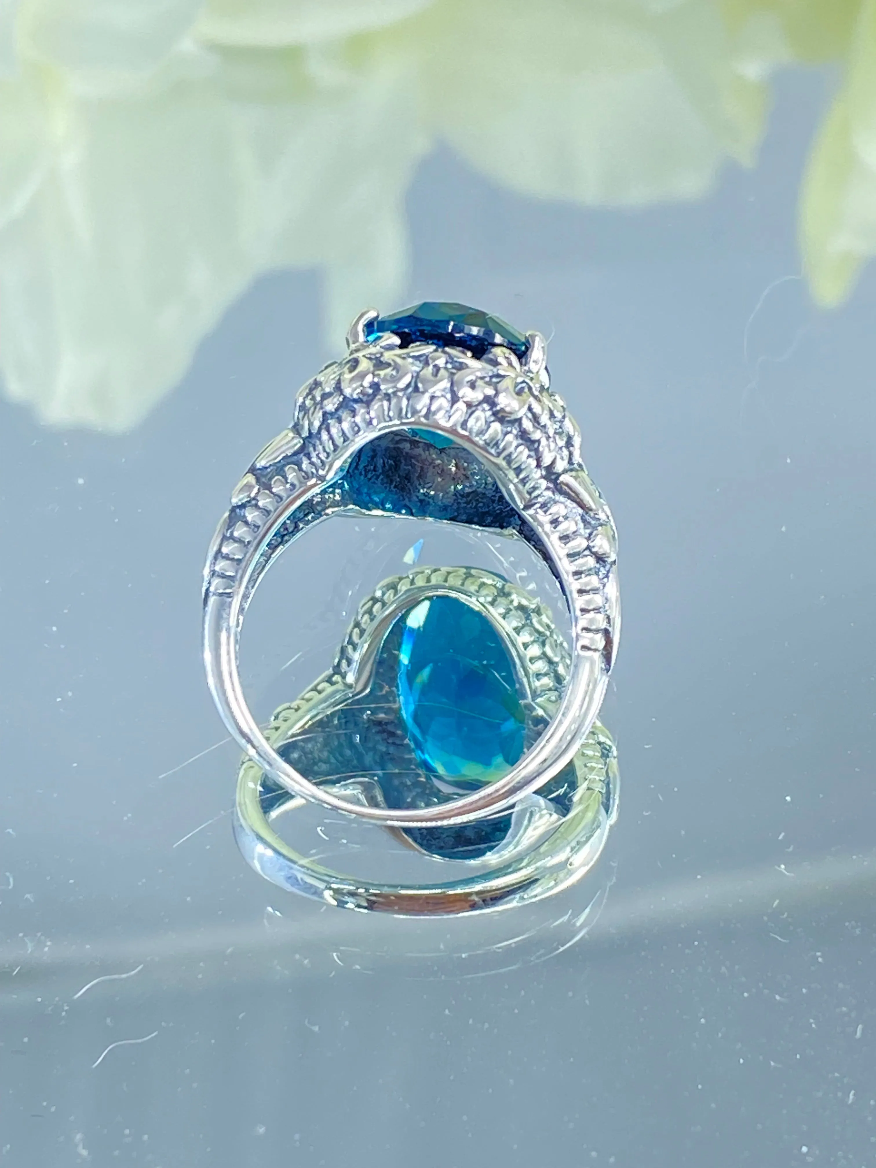 London Blue Butterfly Ring, Natural or Simulated Oval Gemstone, Art Nouveau Vintage Ring, D79