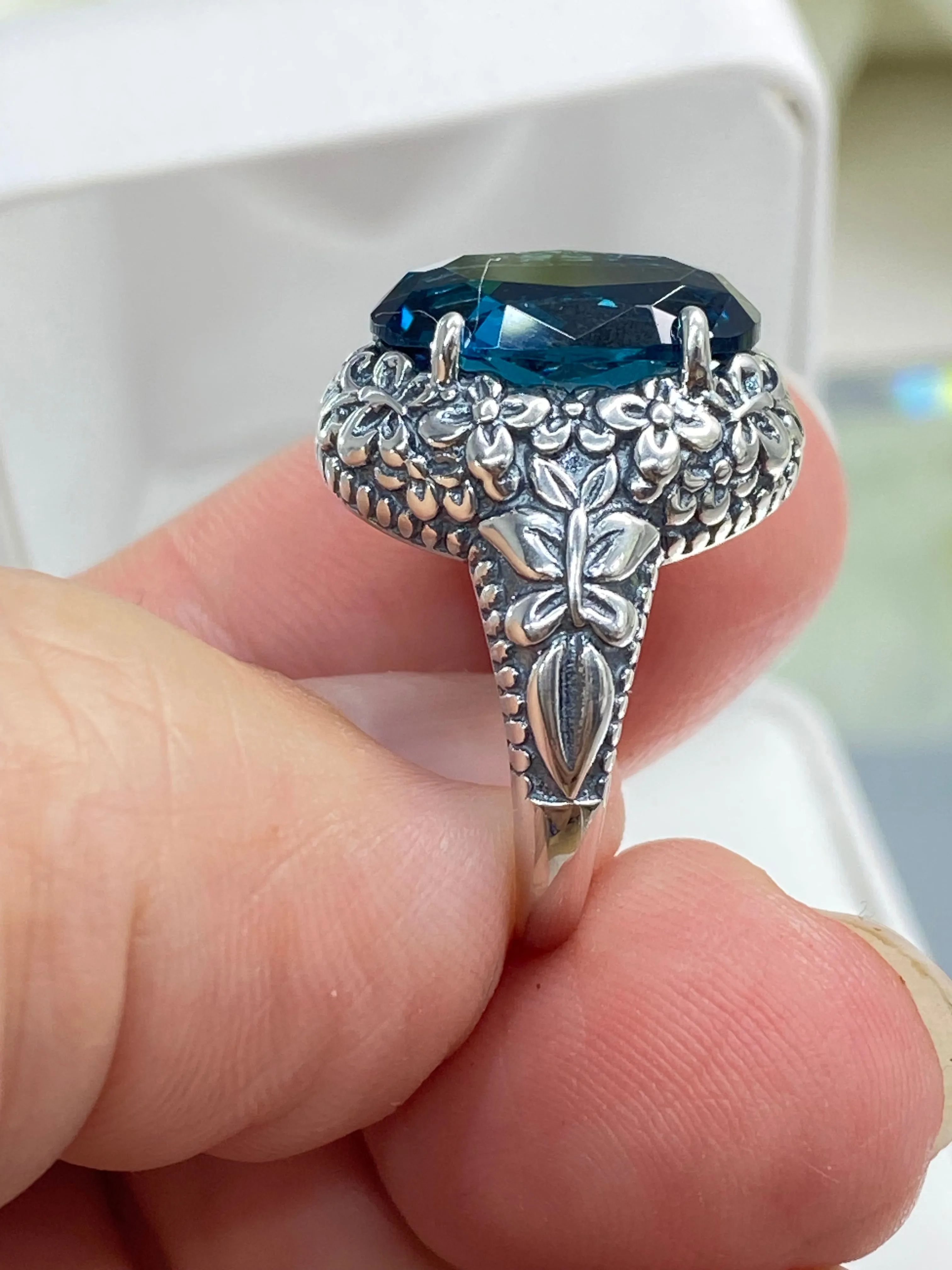 London Blue Butterfly Ring, Natural or Simulated Oval Gemstone, Art Nouveau Vintage Ring, D79