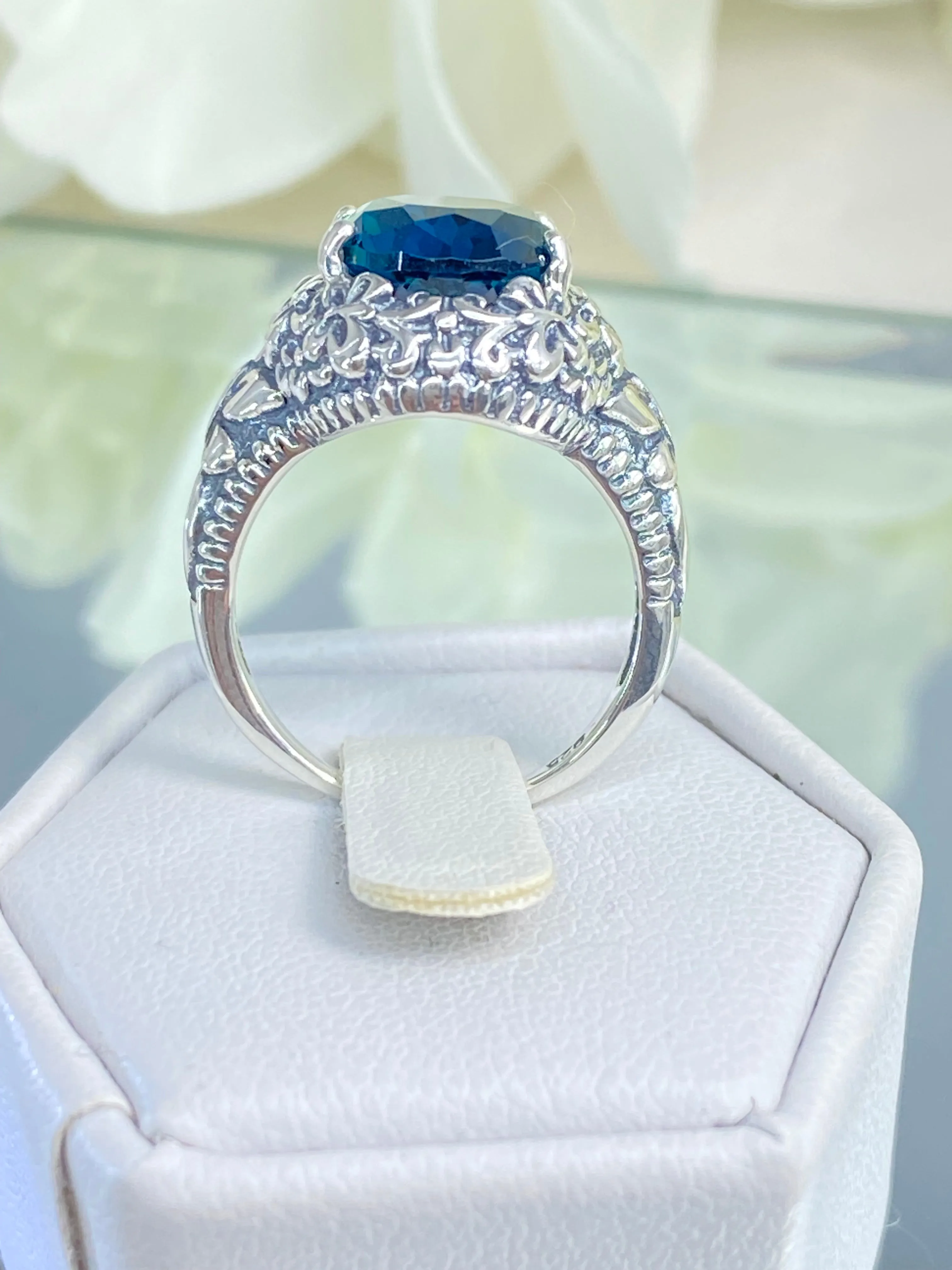 London Blue Butterfly Ring, Natural or Simulated Oval Gemstone, Art Nouveau Vintage Ring, D79
